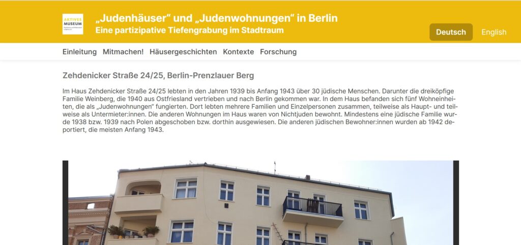 Teilansicht der Webseite "Judenhäuser" und "Judenwohnungen" in Berlin (Screenshot April 2022)